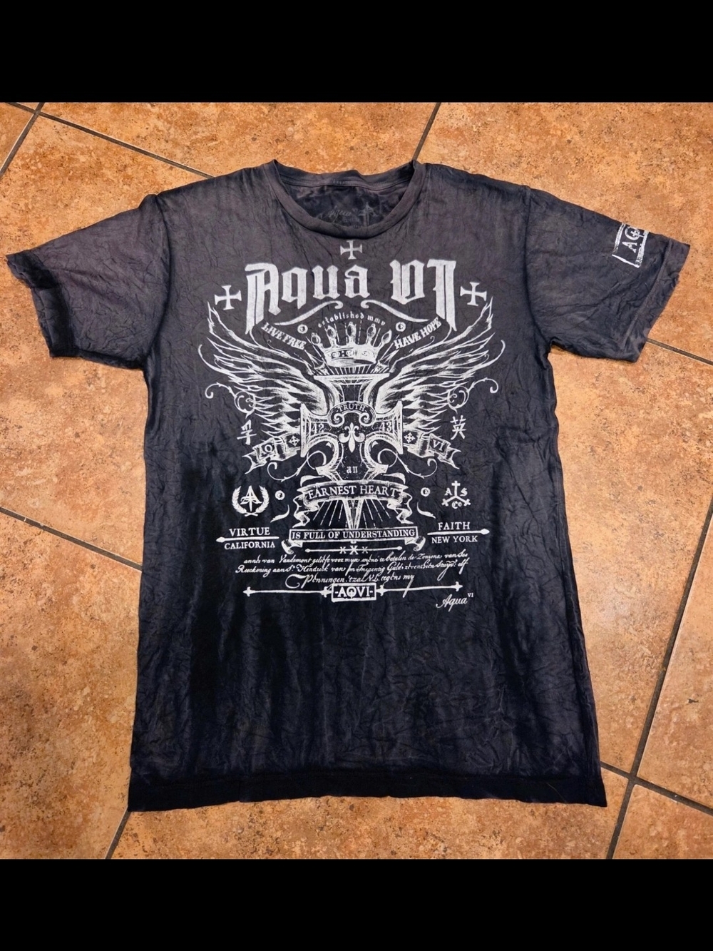 Aqua VI Black Short-Sleeve Graphic Tee with White Crest and Wings